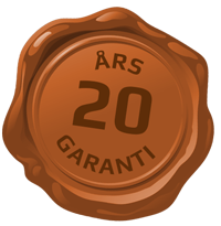 En bild av en vaxförsegling med texten 20 års garanti.