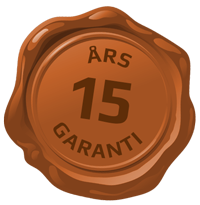 En bild av en vaxförsegling med texten 15 års garanti.