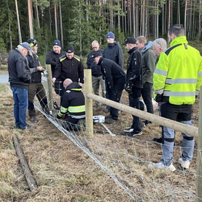 Sveriges Poda-center samlade för en utomhusträning där deltagarna lär sig en ny stängselteknik vid ett nätstängsel i skogsbrynet.